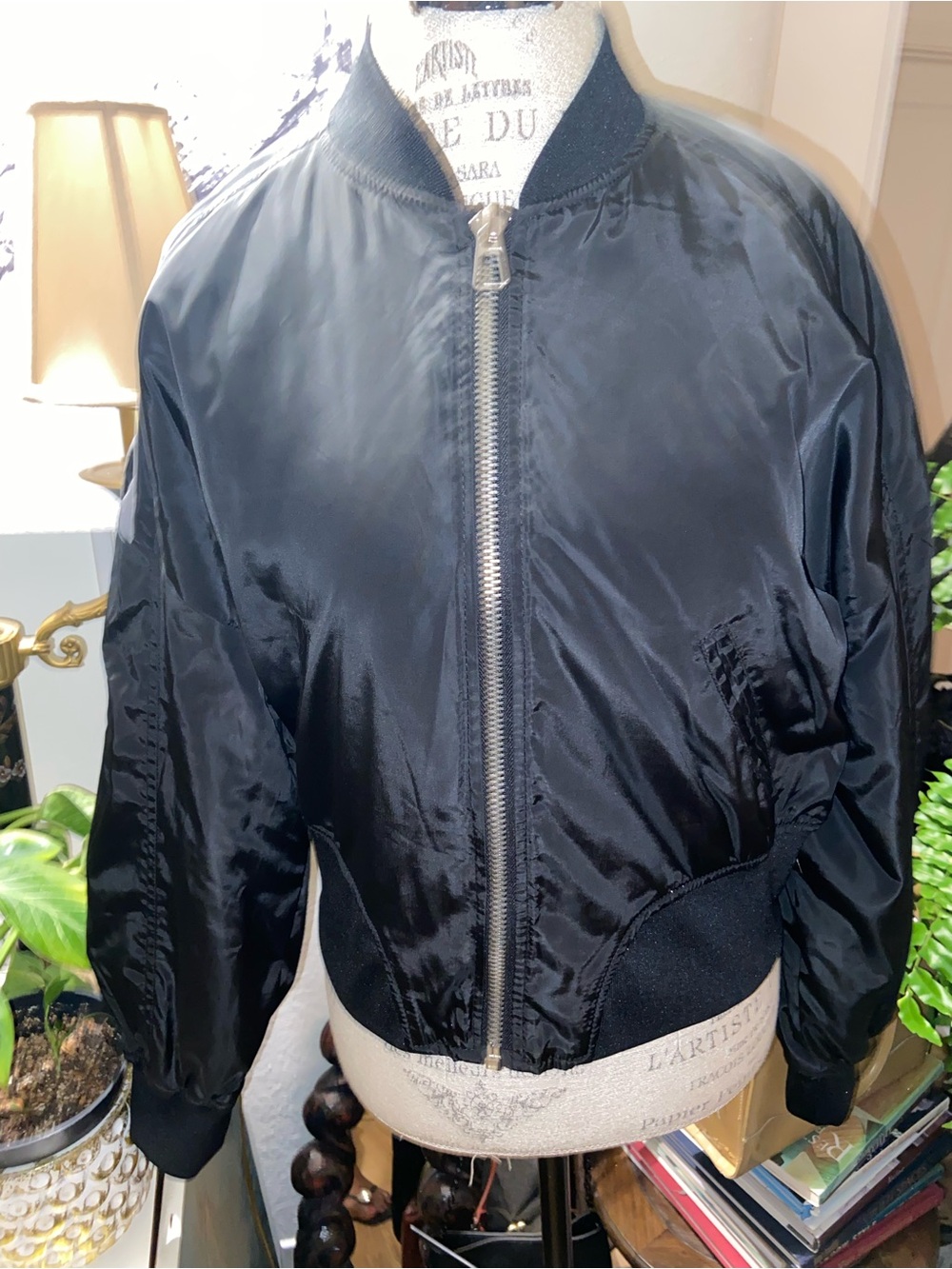 Ci Sono Black Satin Bomber Jacket with Ribbed Trim